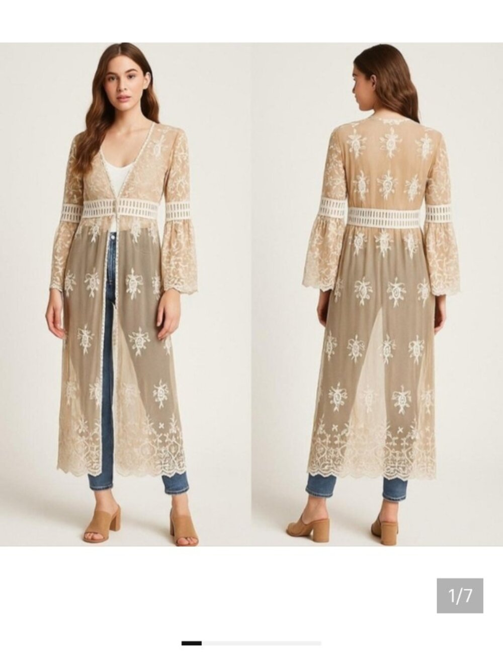 Sheer Embroidered Crochet Lace Kimono Duster Size S Boho, Western, Beach